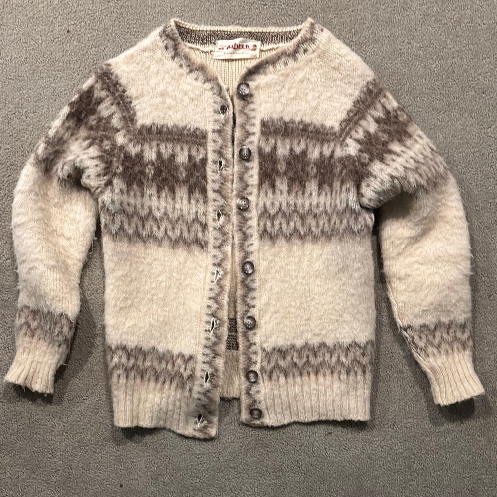 Vintage English Cream and Brown Patterned Cardigan. Perfect holiday sweater.